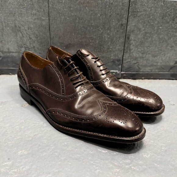 FERRAGAMO Dark Brown Leather Shoes Wingtip Brogue Oxford Size 10.5 EE Tramezza